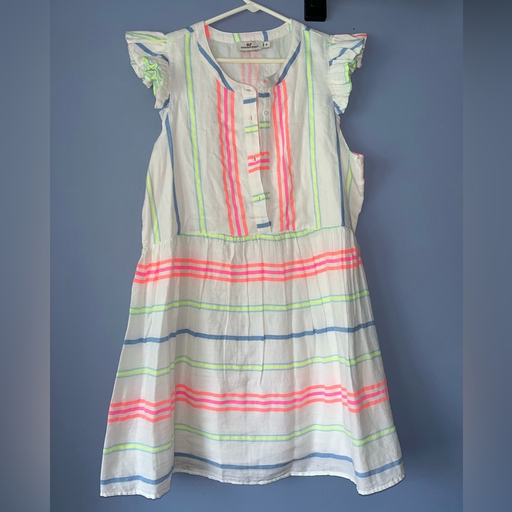 Vineyard Vines Guava Multi Stripe Ruffle Dress Size 16